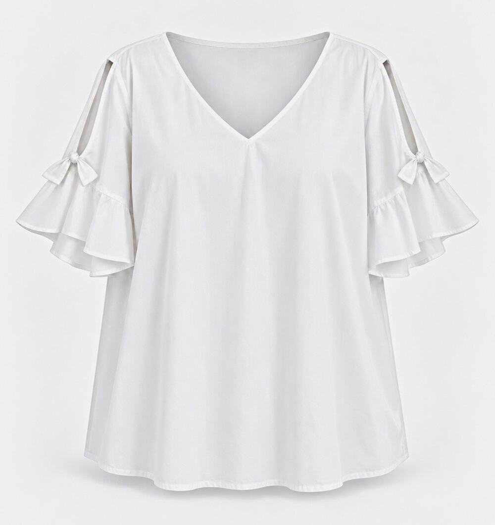 Lane Bryant White Solid Woven V-Neck Cold Shoulder Flutter Ruffle Blouse size 22